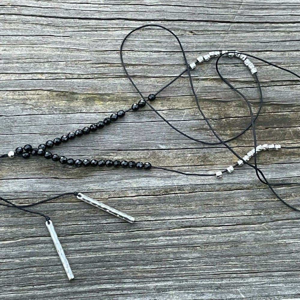 Gorjana Necklaces Black Cord Y neck adjustable silver nugget beads Necklace Jewe - Picture 10 of 13